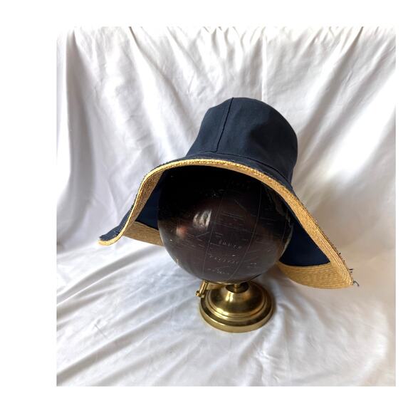 Lola Hats Single Take Wide Brim Sun Hat, Navy Blue Canvas, Straw Raffia Edge